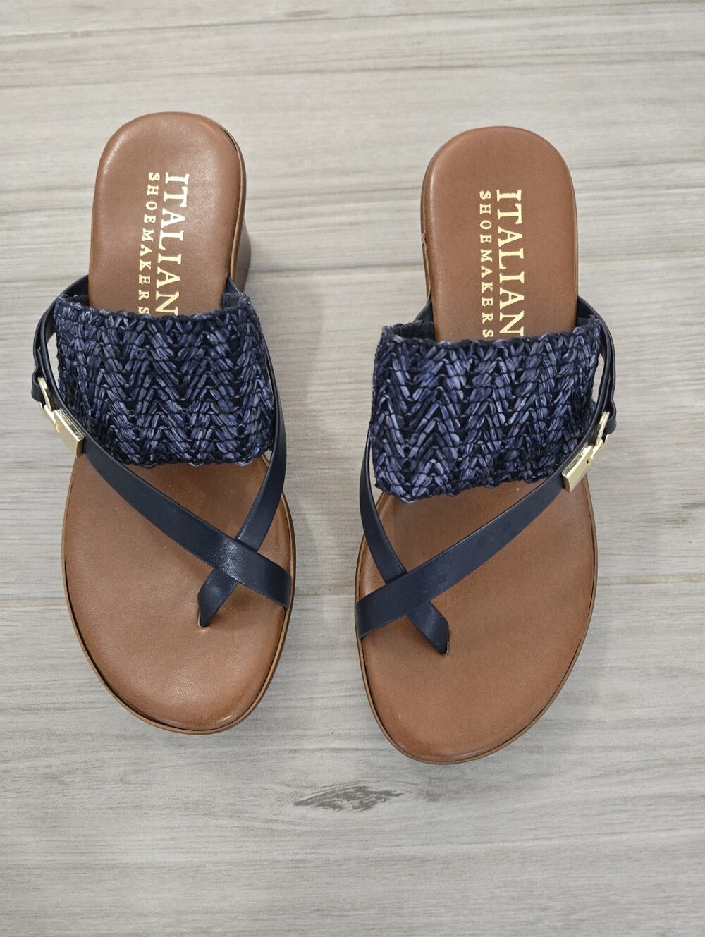 Italian Shoemakers Navy Braided and Tan Footbed Slide Sandals Size 7